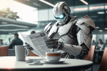 android reading newspaper in a futuristic city cafe, created by a neural network, Generative AI technology