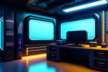 A futuristic gaming Hacker studio Wallpaper 8k Cyberpunk Real Technology 