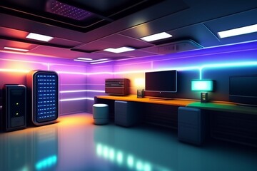 A futuristic gaming Hacker studio Wallpaper 8k Cyberpunk Real Technology 