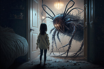 a child's nightmare, a huge tick attacks a little frightened girl, created by a neural network, Generative AI technology - obrazy, fototapety, plakaty