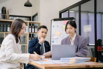 Project manager working and update tasks with milestones progress planning and professional investor working new start up project.