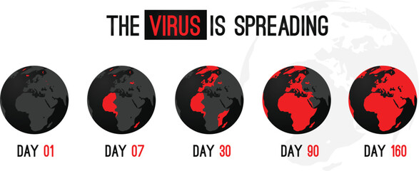 A Visual representation of a virus spreading process in black and red colors. Can be used to show spread of infections, diseases, hackers, or generally spread of anything in a flow chart manner.