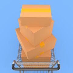 Shopping cart or trolley with cardboard boxes on blue background.