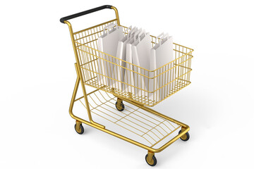 Shopping cart or trolley with shopping bag on white background.