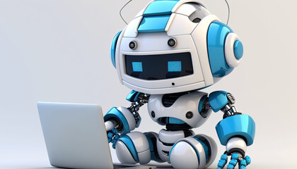 Cute white and blue robot sitting with computer, ai generative