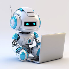 Cute white and blue robot sitting with computer, ai generative