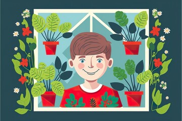 Boy with flowers flat illustration created with Generative AI 