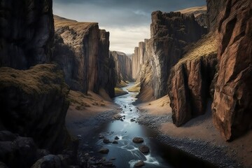 Studlagil: Exploring the Otherworldly Beauty of Iceland's Basalt Canyon. Illustration. Generative AI