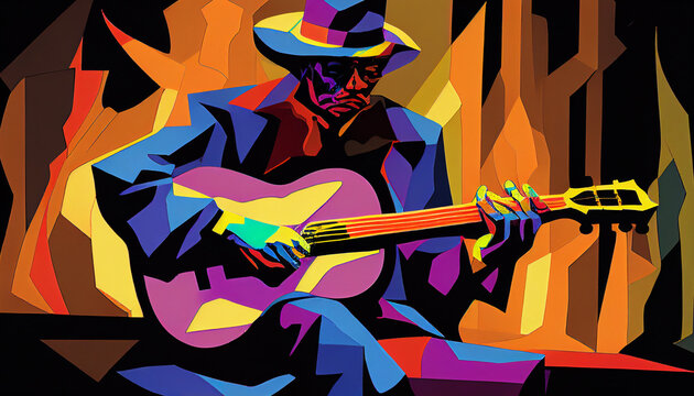 Afro-American male musician guitarist playing a guitar in an abstract cubist style painting for a poster or flyer, computer Generative AI stock illustration image