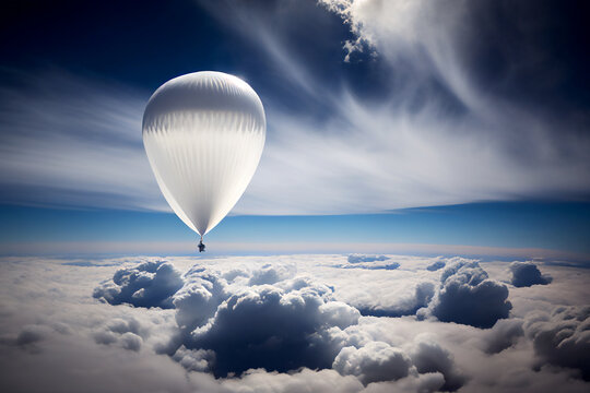 White round weather balloon with satellite technology sensors which can be used for meteoritical research or to gather gather spying surveillance data, computer Generative AI stock illustration image