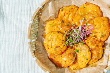Kimchijeon, Korean Kimchi Pancake food : Slices of well-fermented kimchi mixed into a flour batter and pan- fried. Finely chopped pork, squid, and clam meat may be added to the batter as well.