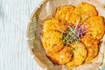 Kimchijeon, Korean Kimchi Pancake food : Slices of well-fermented kimchi mixed into a flour batter...