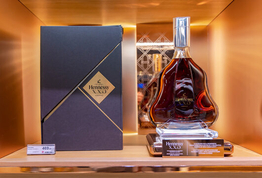 TURKEY, ISTANBUL, FEBRUARY, 2023:  Exclusive Hennessy X.X.O famous cognac from France at Istanbul airport Duty Free. 