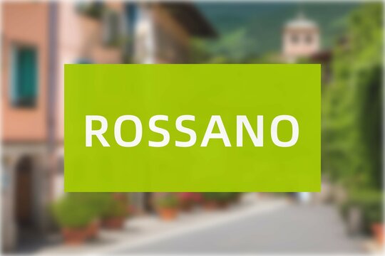 Rossano: Der Name der italienischen Stadt Rossano in der Region Calabria vor einem Hintergrundbild