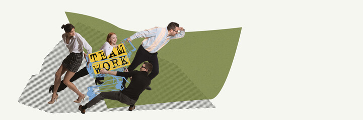 Teamwork. Contemporary art collage. Motivated, hard-working employees pushing trolley symbolizing...