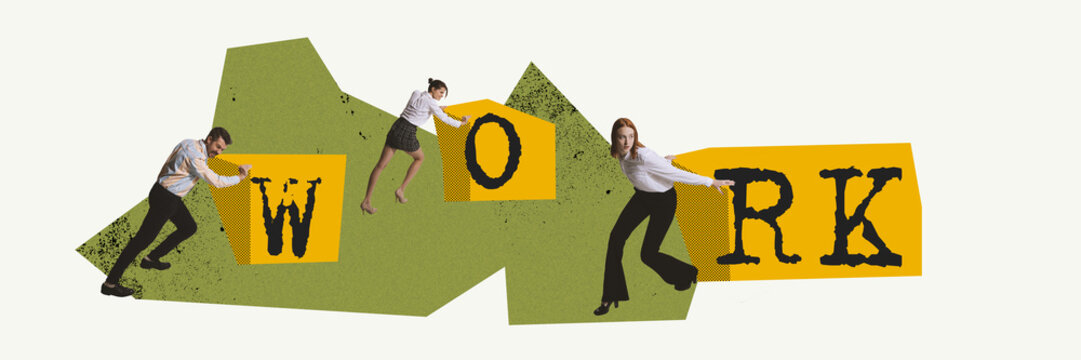 Work. Contemporary art collage. Motivated, ambitious employees working, reacing professional success. Concept of business, career development, teamwork, cooperation and promotion. Creative design