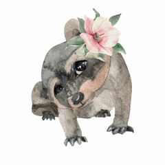 Watercolor animals with bouquet of flowers isolated on white background