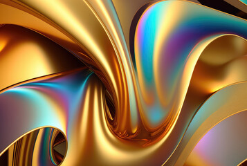 Holographic and golden liquid waves abstract background. Generative AI
