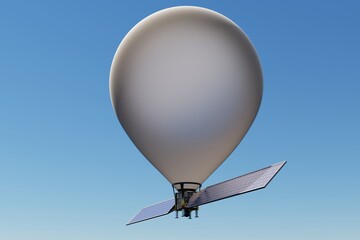 Weather balloon with electronic equipment and solar panels on sky background. 3D Render