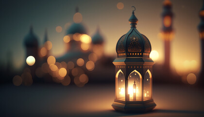 Ramadan with lantern and mosque in background, Generative ai