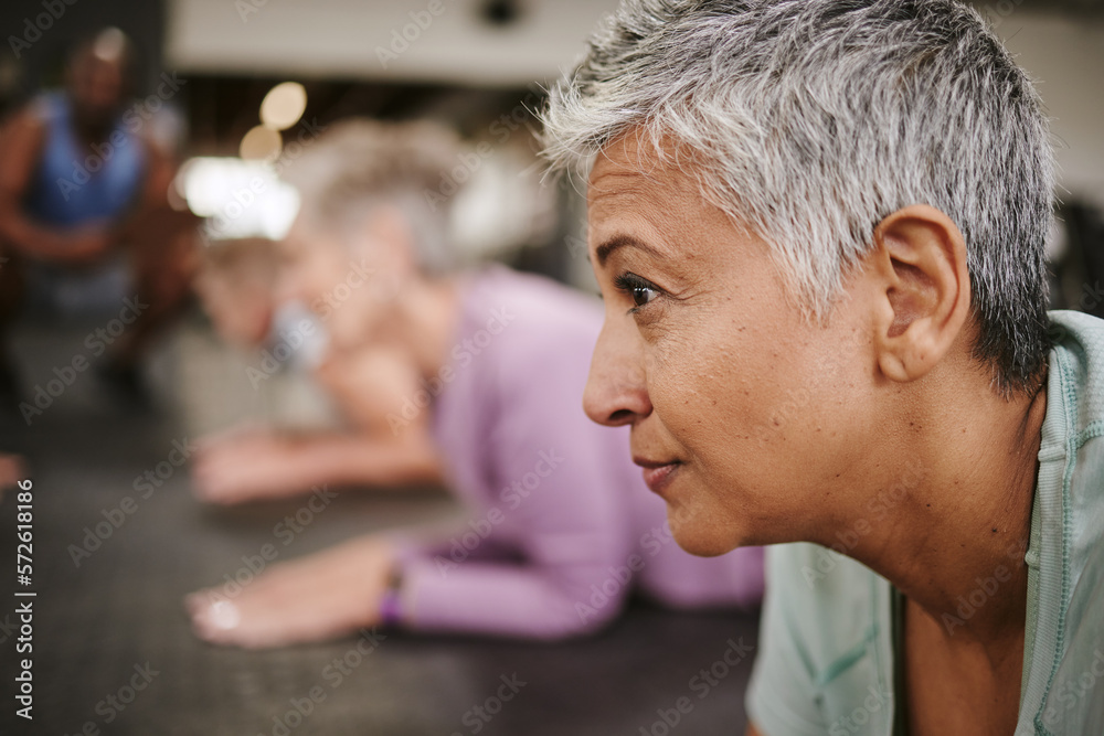 Poster Face, elderly woman with yoga and fitness in gym, profile with retirement and health, wellness and pilates. Focus, exercise and healthy lifestyle with mockup space, active and vitality with workout