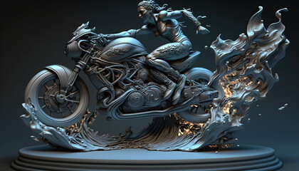 motorbike carved in marble with fire