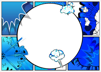 Blank Circle shape on Blue Cartoon vector Comic Book background. Pop art comics Illustration.