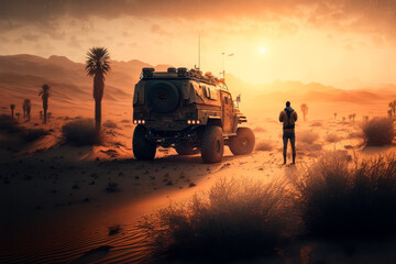 person boards a 4x4 vehicle on an adventure in the desert dunes at sunset, generative ai