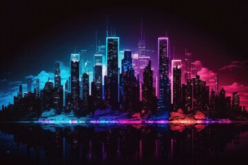 Fototapeta na wymiar City skyline at night with a vibrant array of colorful lights shining from towering skyscrapers. Generative AI