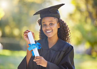 Certificate, graduation and smile with portrait of black woman in nature for education, success and...