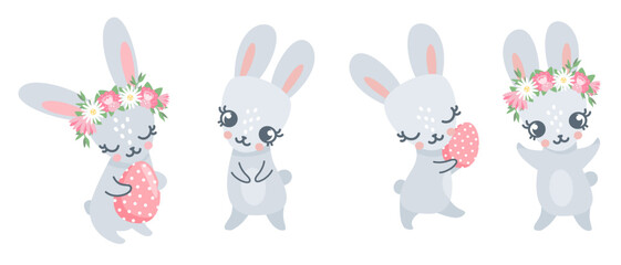 Vector set of Easter bunnies. Bunnies holding Easter eggs. Animals on white background 