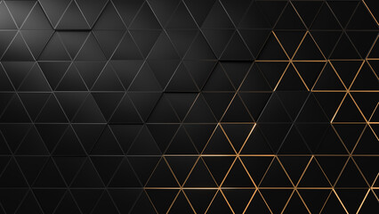 Luxury triangle abstract black metal background with golden light lines
