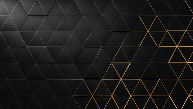 Luxury triangle abstract black metal background with golden light lines