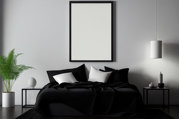 Modern bedroom interior with empty canvas or wall decor with frame in center for product presentation background or wall decor promotion, mock up, black and white