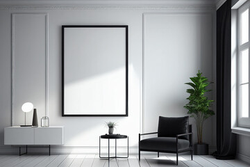 Modern living room interior with empty canvas or wall decor with frame in center for product presentation background or wall decor promotion, mock up