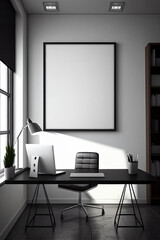 Modern office interior, with empty canvas or wall decor with frame in center for product presentation background or wall decor promotion, mock up