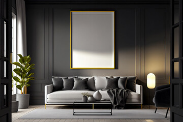 Modern living room interior with empty canvas or wall decor with frame in center for product presentation background or wall decor promotion, mock up