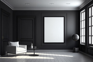 Modern living room with counter, with empty canvas or wall decor with frame in center for product presentation background or wall decor promotion, mock up