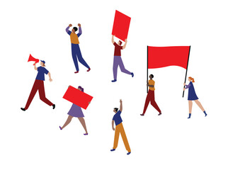 Vector illustration of protest people with banners and megaphones on demonstration. Demonstration, protest, strike concept.