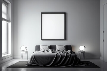 Modern bedroom, with empty canvas or wall decor with frame in center for product presentation background or wall decor promotion, mock up