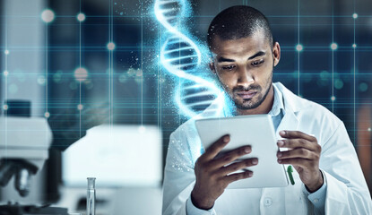 Scientist, tablet and lab with overlay for research, dna and medical innovation on cloud computing....