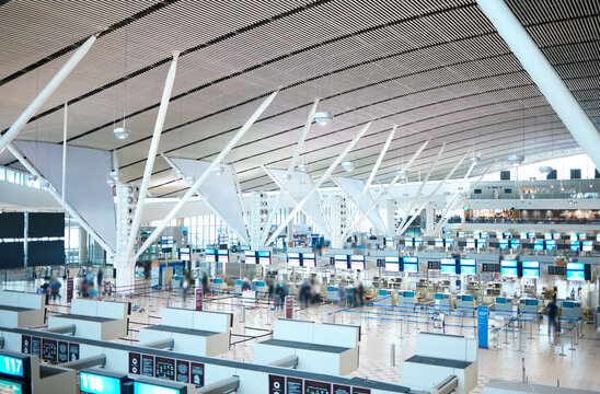 Airport, travel and arrival or departure in a terminal with a boarding gate for global or international traveling. Building, interior and architecture in an empty terminus for business or tourism