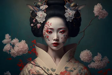 Foto op Plexiglas geisha with sakura flowers, portrait of a japanese woman, fictional person created with generative ai © CROCOTHERY