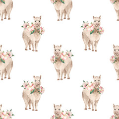 Seamless pattern with lama and flowers for kids textile bed sheets wallpaper notebook clothes things isolated on white background