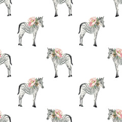 Fototapeta na wymiar Seamless pattern with zebra and flowers for kids textile bed sheets wallpaper notebook clothes things isolated on white background