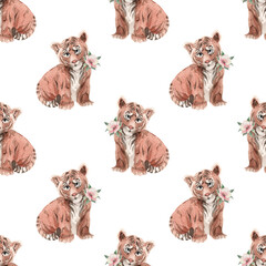 Seamless pattern with tiger kitten cat and flowers for kids textile bed sheets wallpaper notebook clothes things isolated on white background