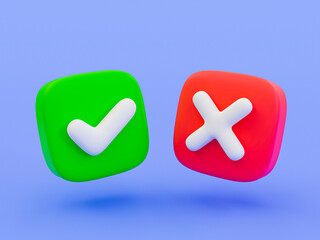 3d minimal Green tick check mark and cross mark symbols. yes and no, rejected and approved. correct sign and wrong sign, 3d illustration. - obrazy, fototapety, plakaty