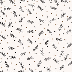 Abstract botanical and dots elements seamless pattern. Neutral colors. Trendy minimal style.