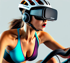 Naklejka premium athletic young woman wearing a XR headset with training. Generative Ai 
