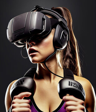 athletic young woman wearing a XR headset with boxing. Generative Ai	